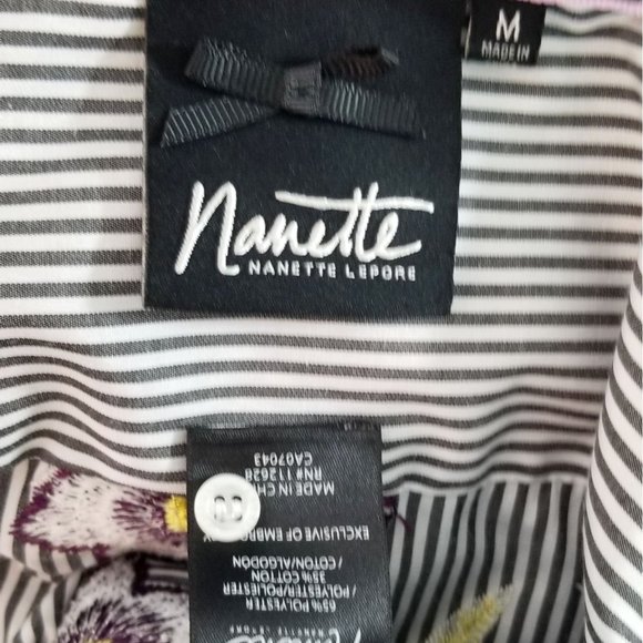 Nanette Lepore Striped Embroided Button-up Blouse Top M Balloon Sleeves - Picture 6 of 6